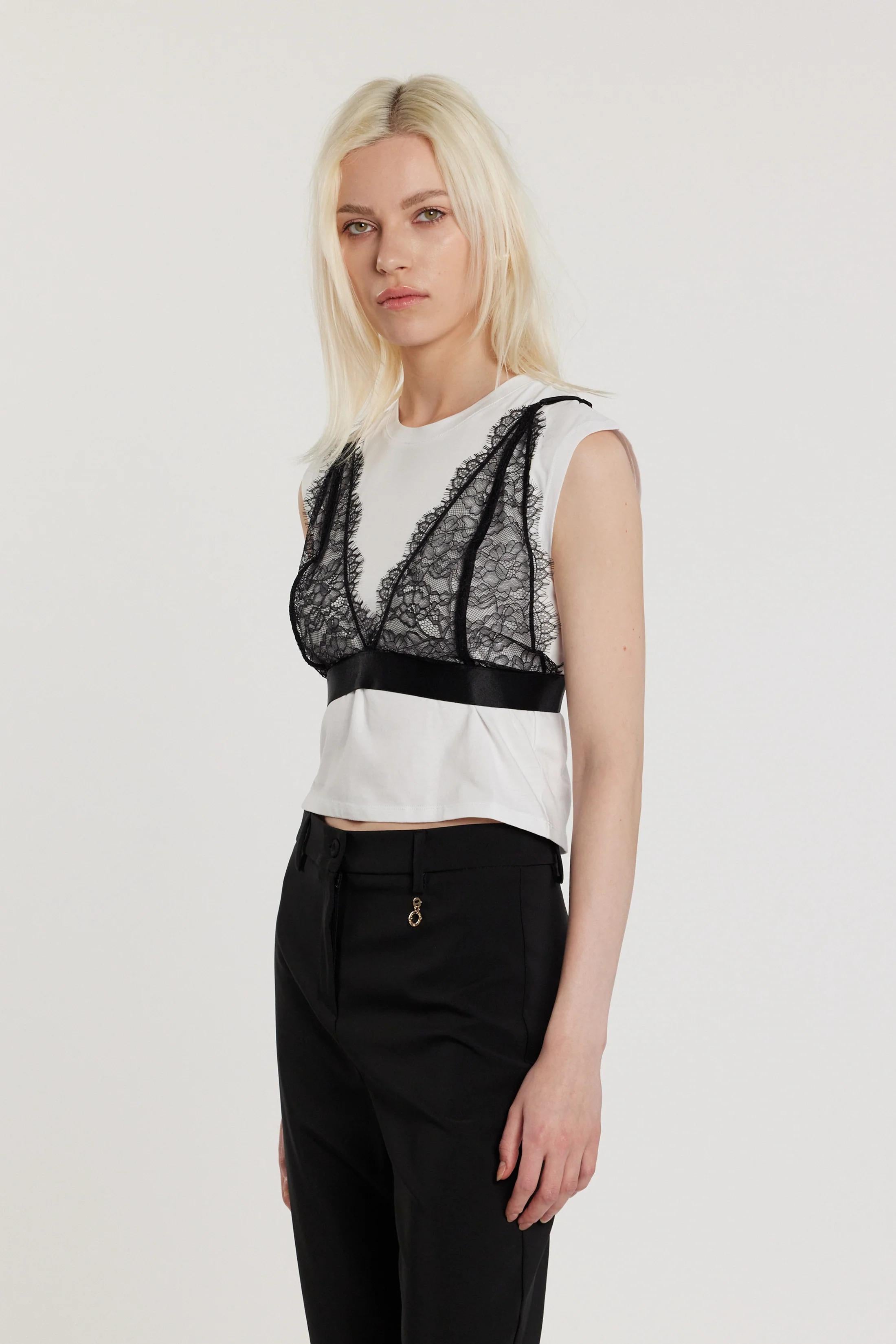 RELISH T-Shirt CAROLE corta maniche corte aletta con inserto lingerie pizzo WHITE RDP2601046016 1100 RELISH 