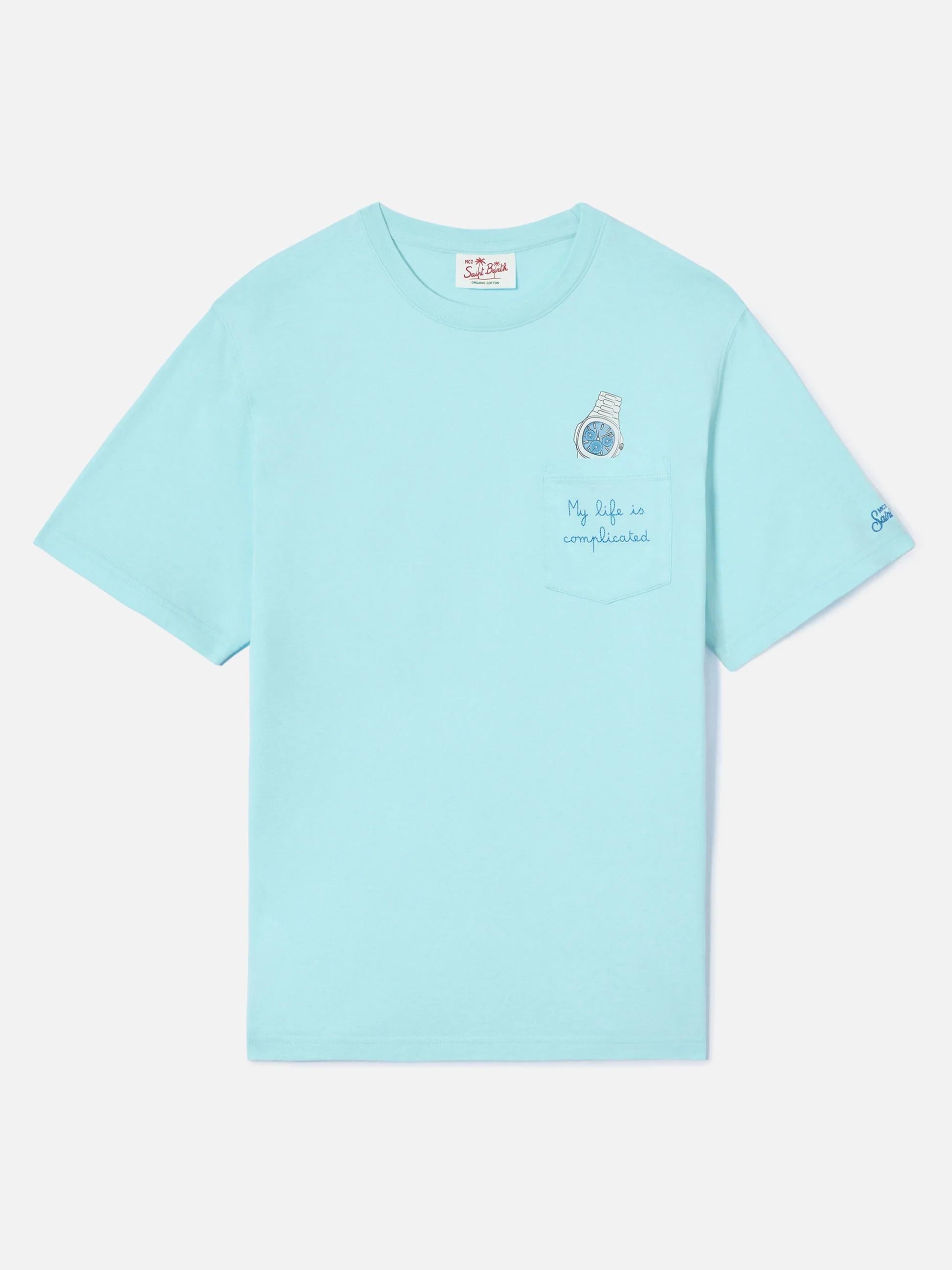 T-shirt Austin azzurra con orologio e ricamo My Life Is Complicated AUS0001 04347L MC2 SAINT BARTH 