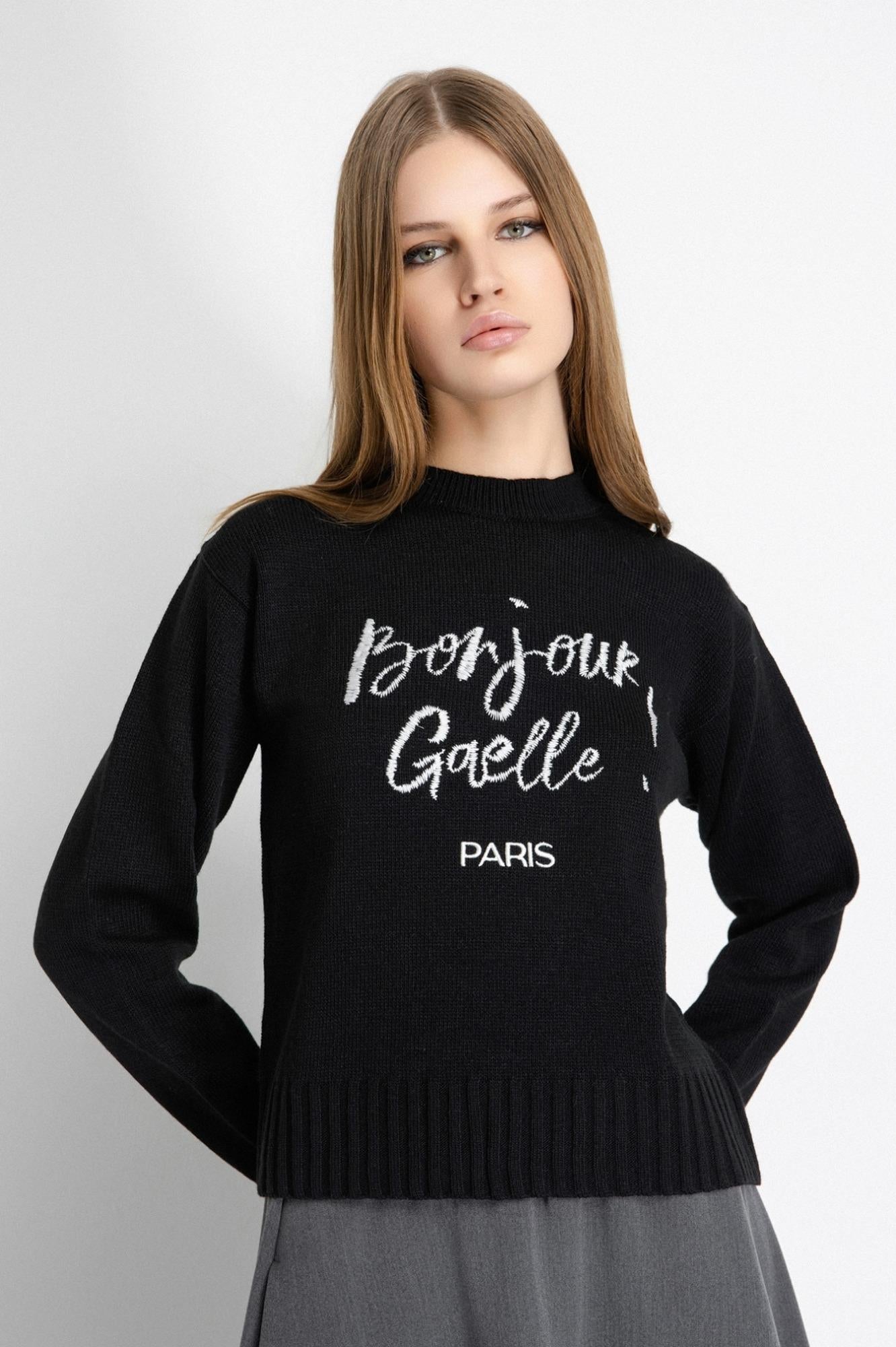 Pullover In Maglia Rasata Con Ricamo Sul Davanti  Nero - Gaëlle Paris GAABW07266-BMFI0001 NE01 GAELLE 