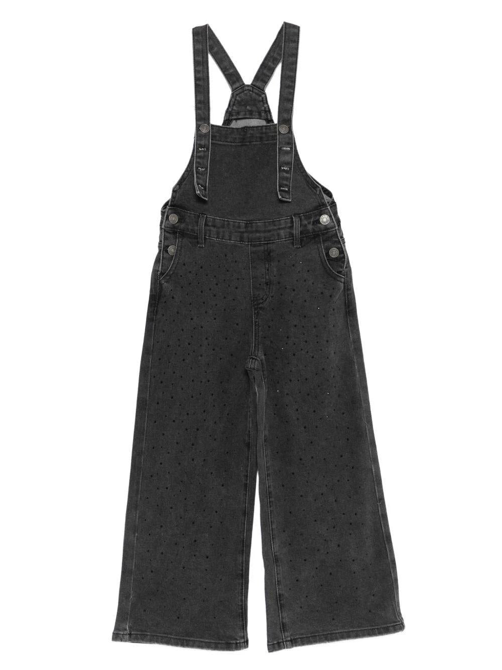 Vicolo salopette in denim con strass neri sul davanti 3141TD00207 BLACK DENIM VICOLO 