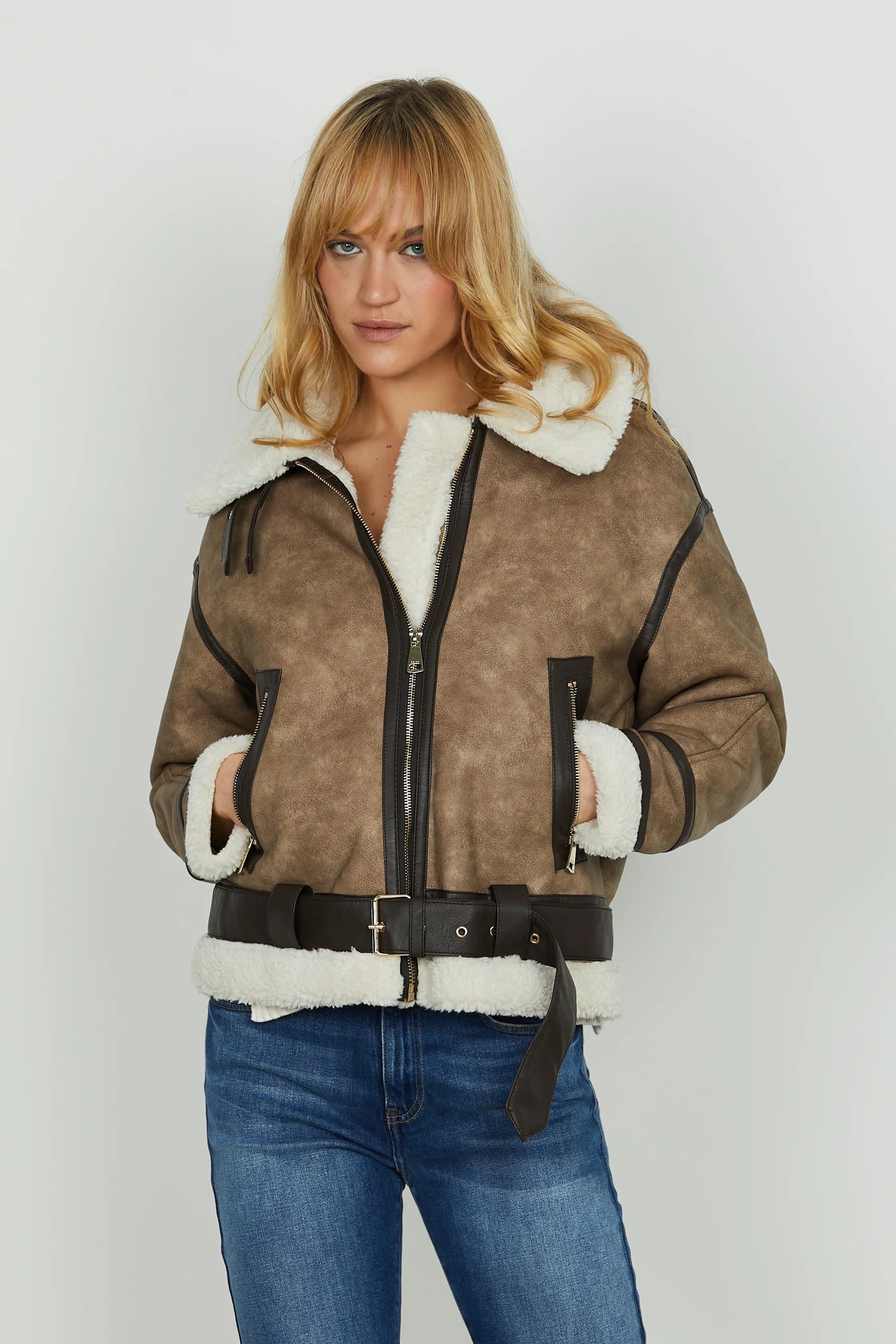 Relish Montone PLUGH manica lunga con pelliccetta più cintura più zip più tasche più contr.bordi ecopelle RDA25050050026 BEAVER FUR RELISH 