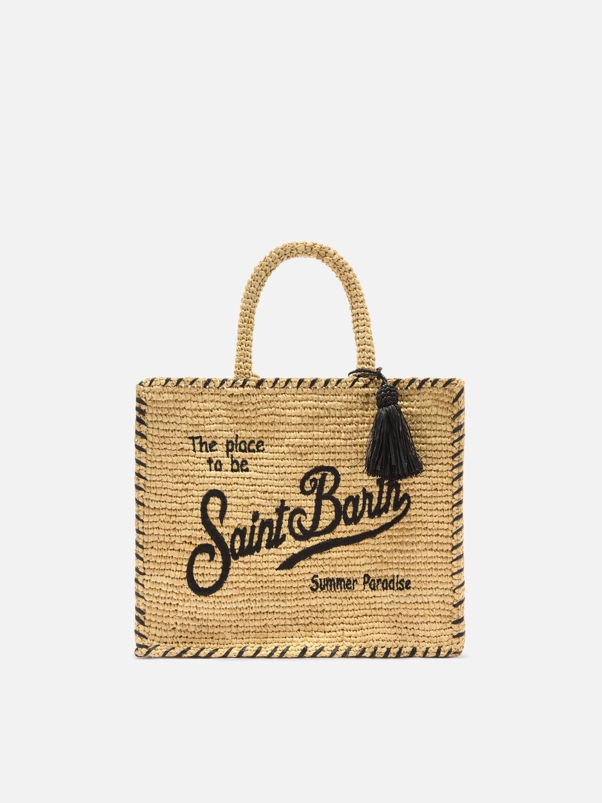Borsa Colette in raffia beige con logo ricamato nero e nappetta COL0013 09045L MC2 SAINT BARTH 