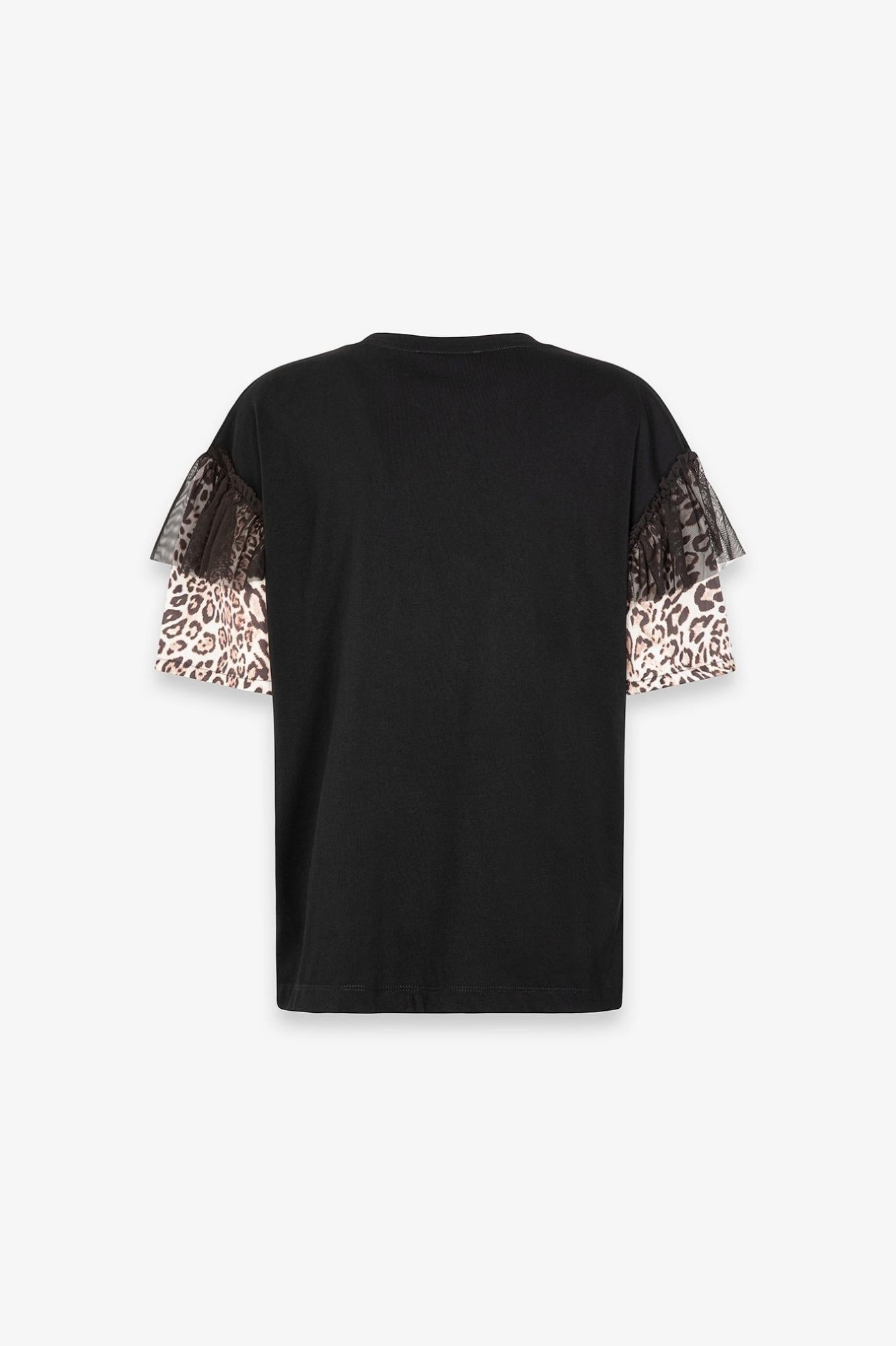T-Shirt Paricollo Mezza Manica Con Dettaglio Manica In Raso  Nero - Gaëlle Paris GAABW09297-PTTS0043 NE01 GAELLE 