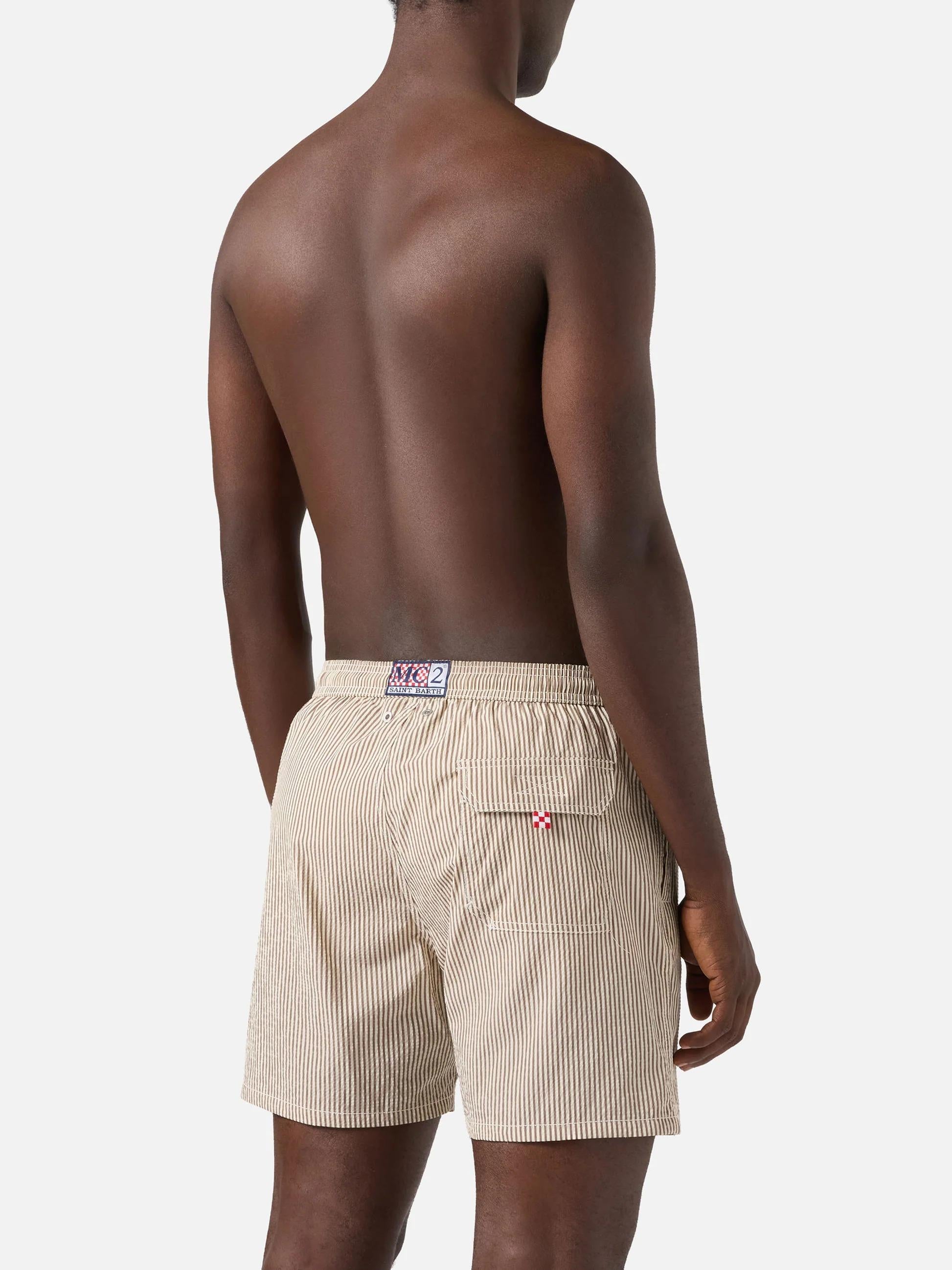 Costume mare Patmos in seersucker rigato marrone e bianco PATM001 01712L MC2 SAINT BARTH 