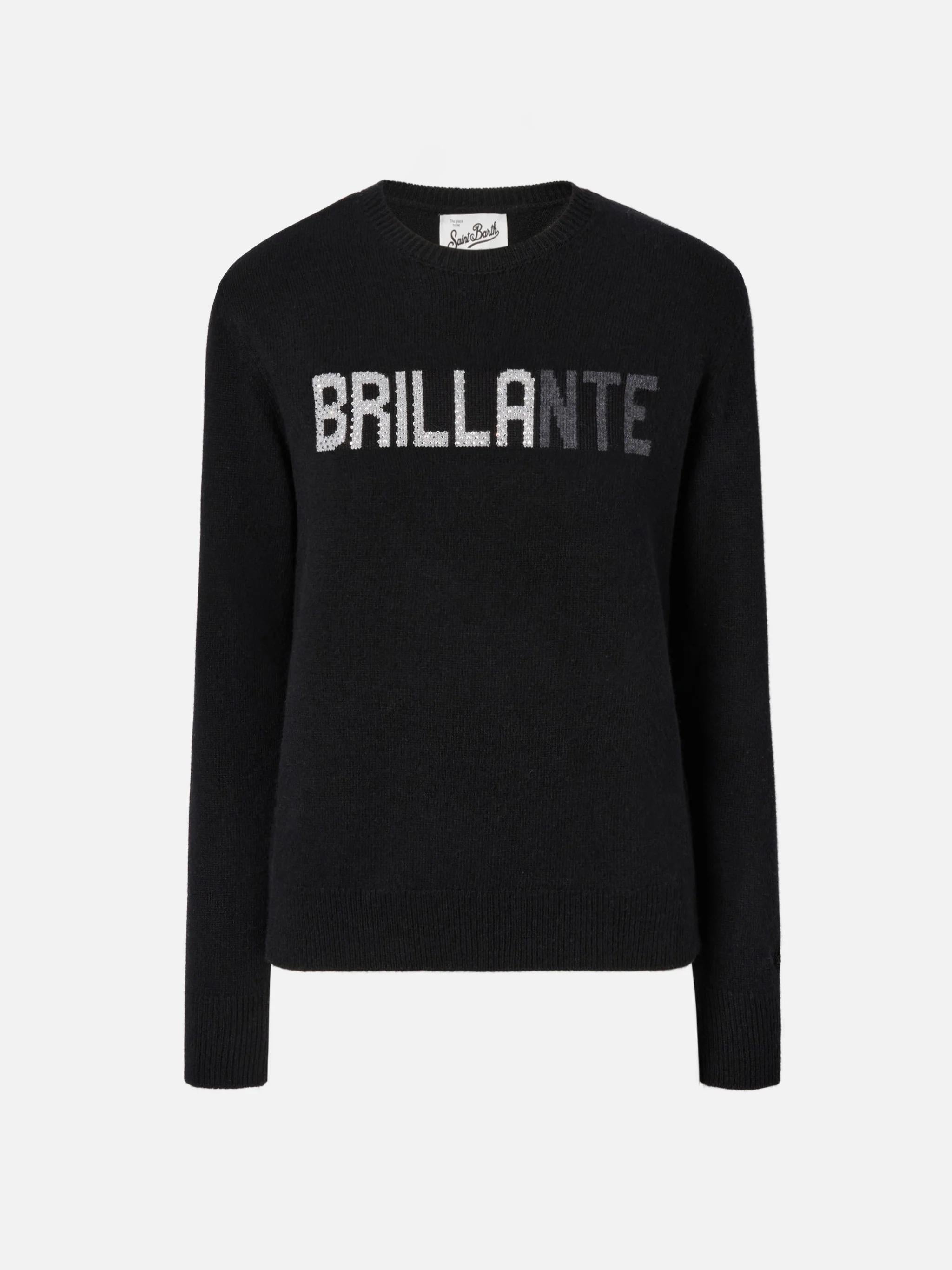 Maglione New Queen in misto cashmere nero con applicazione in strass Brillante QUE0010 00471 MC2 SAINT BARTH 