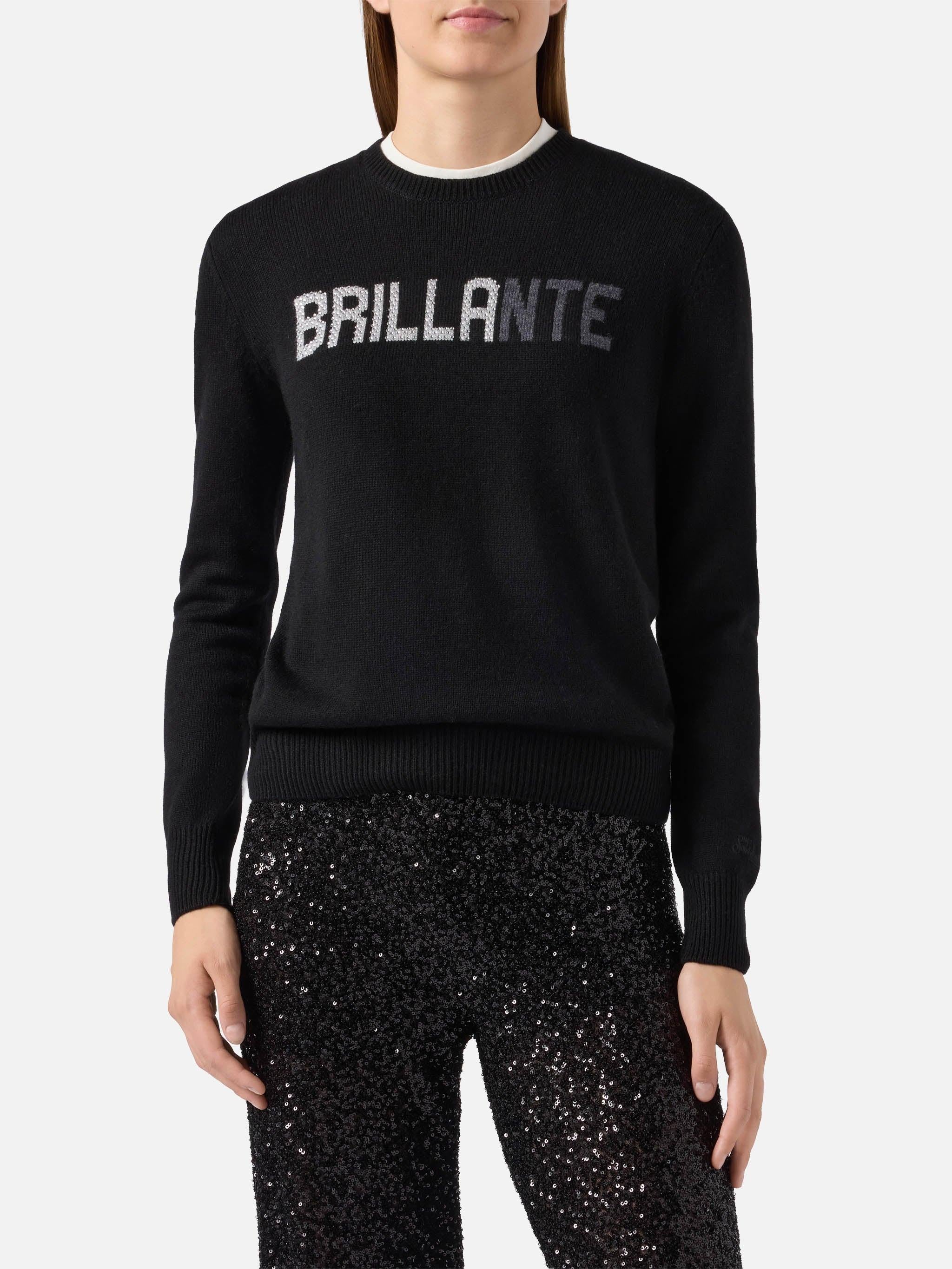 Maglione New Queen in misto cashmere nero con applicazione in strass Brillante QUE0010 00471 MC2 SAINT BARTH 