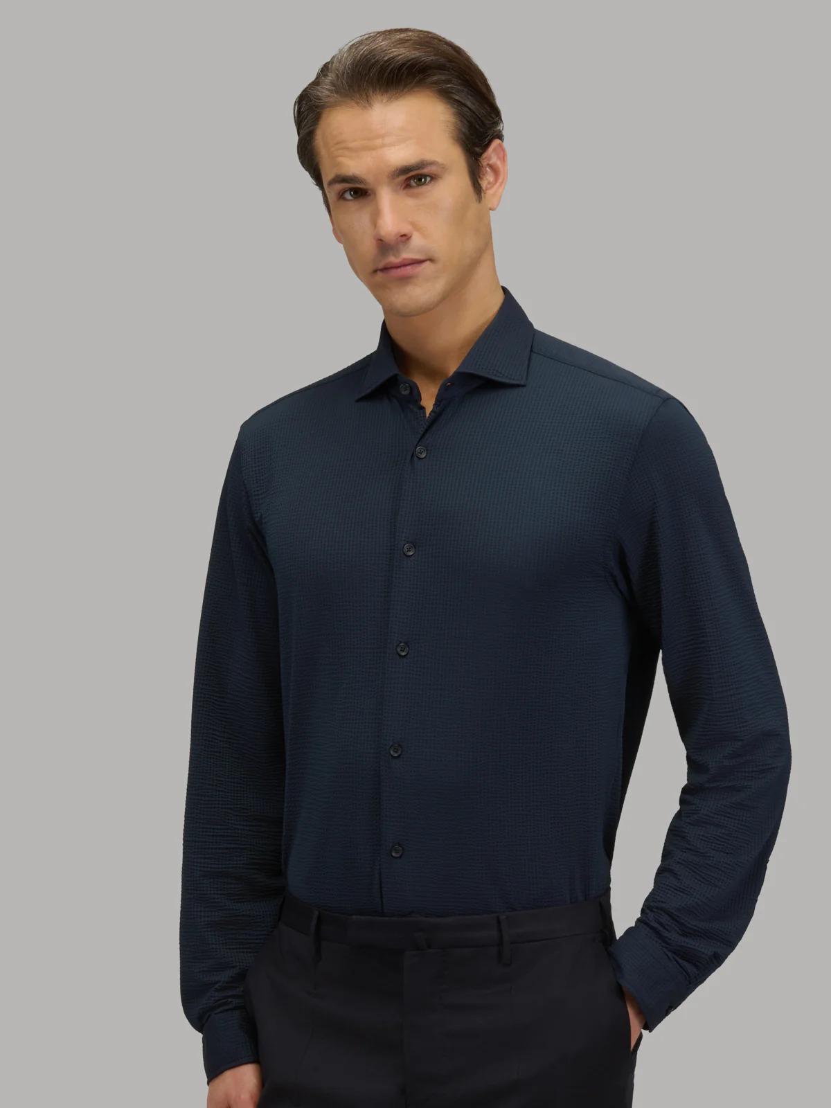 XACUS ACTIVE<BR/>Camicia Collo Francese Piccolo Tinta Unita Seersucker Blu Navy 422619-21616 006 XACUS 