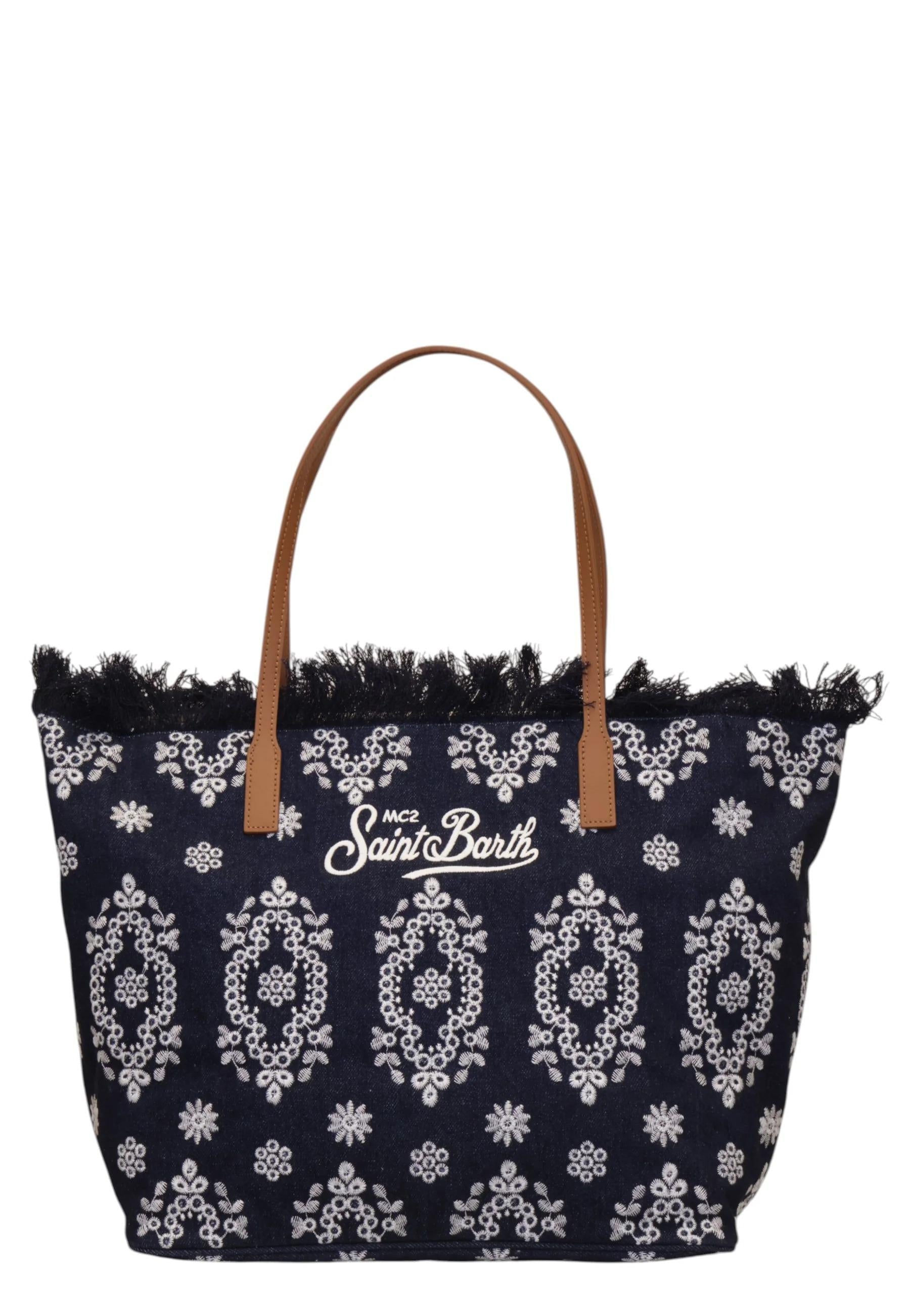 Mc2 Saint Barth<BR/>borsa da città con frange - 01773l sangallo denim scuro ricamato CBMF001 01773L MC2 SAINT BARTH 