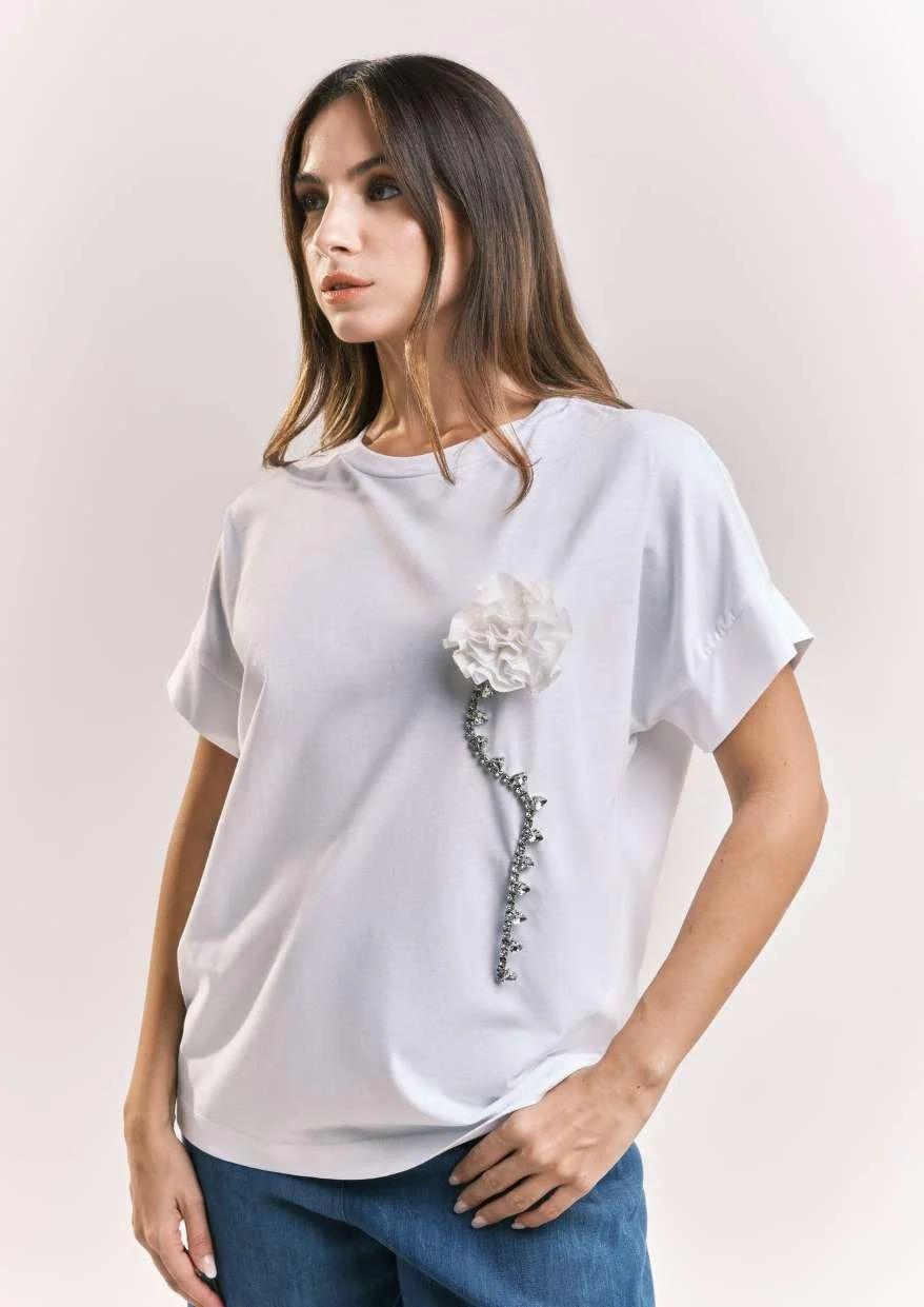 SHIKI<BR/>T-SHIRT DONNA MEZZA MANICA CON ROSA E STRASS BIANCA SHIKI SK26104-J BIANCO SHIKI 