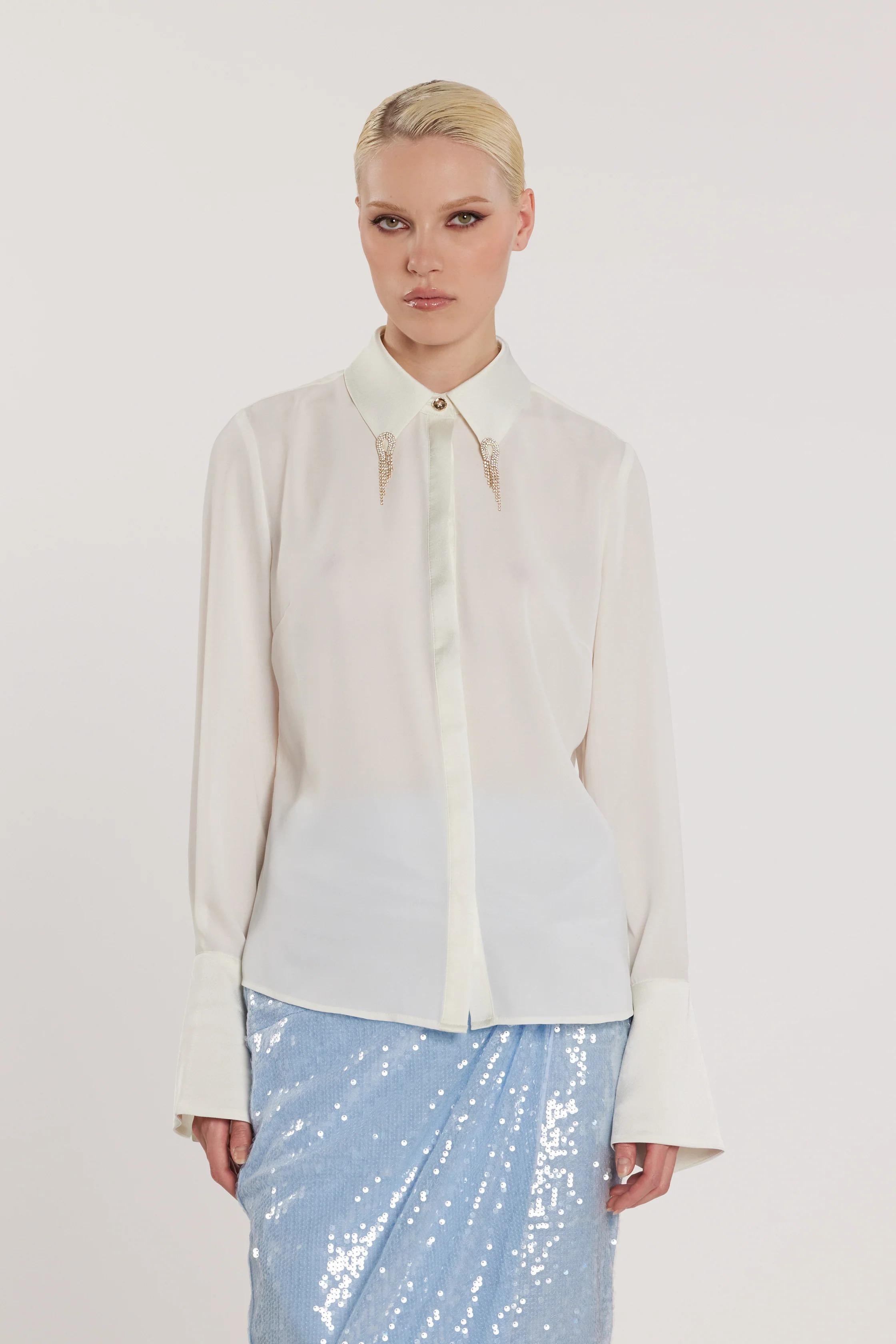 RELISH Camicia GHINI maniche lunghe con inserti in raso più spille gioiello MILK RDP2603009006 1101 RELISH 