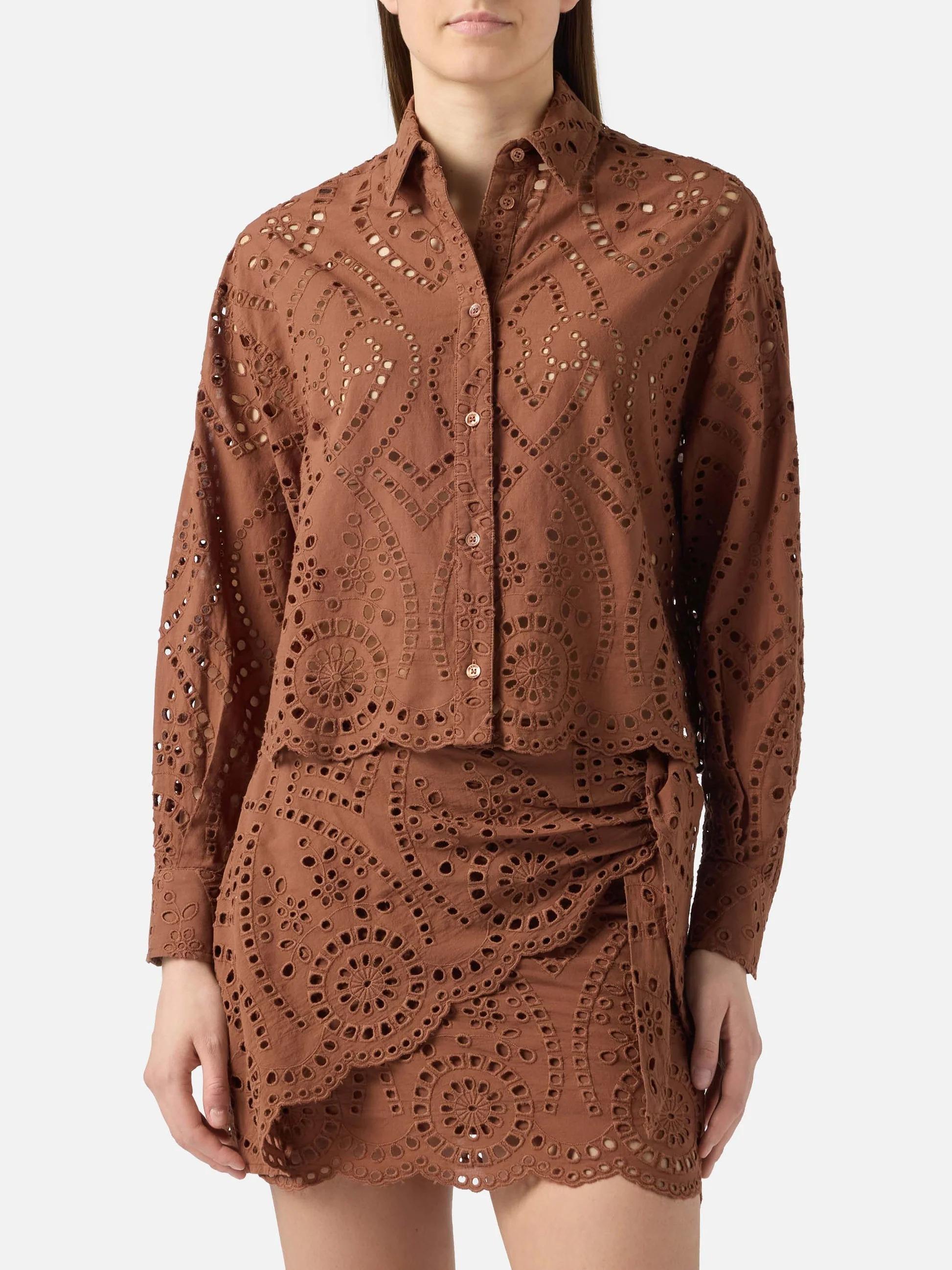 Camicia crop Oriane in cotone sangallo marrone ONE0001 01005L MC2 SAINT BARTH 