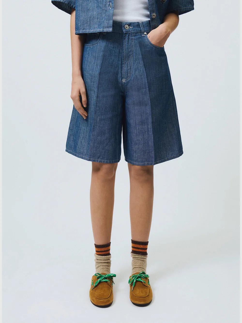 ROY ROGER'S Bermuda billie chambray cotton linen rinse indigo RND90282D7380021 C0090 ROY ROGER'S 