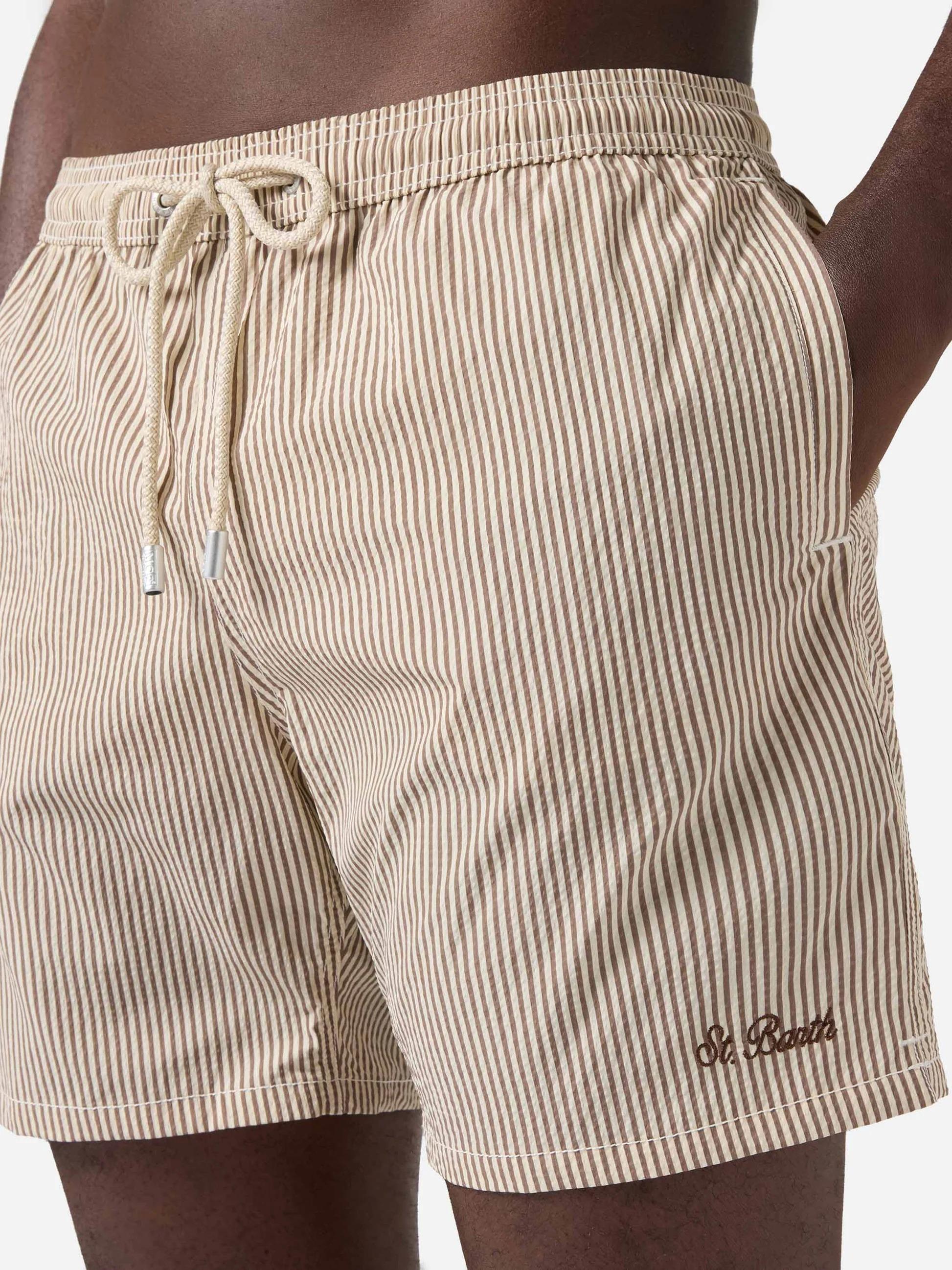 Costume mare Patmos in seersucker rigato marrone e bianco PATM001 01712L MC2 SAINT BARTH 