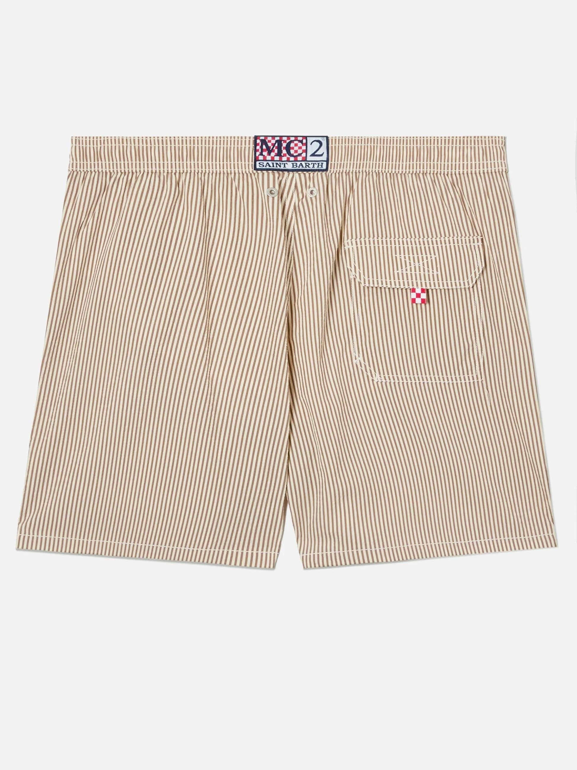 Costume mare Patmos in seersucker rigato marrone e bianco PATM001 01712L MC2 SAINT BARTH 