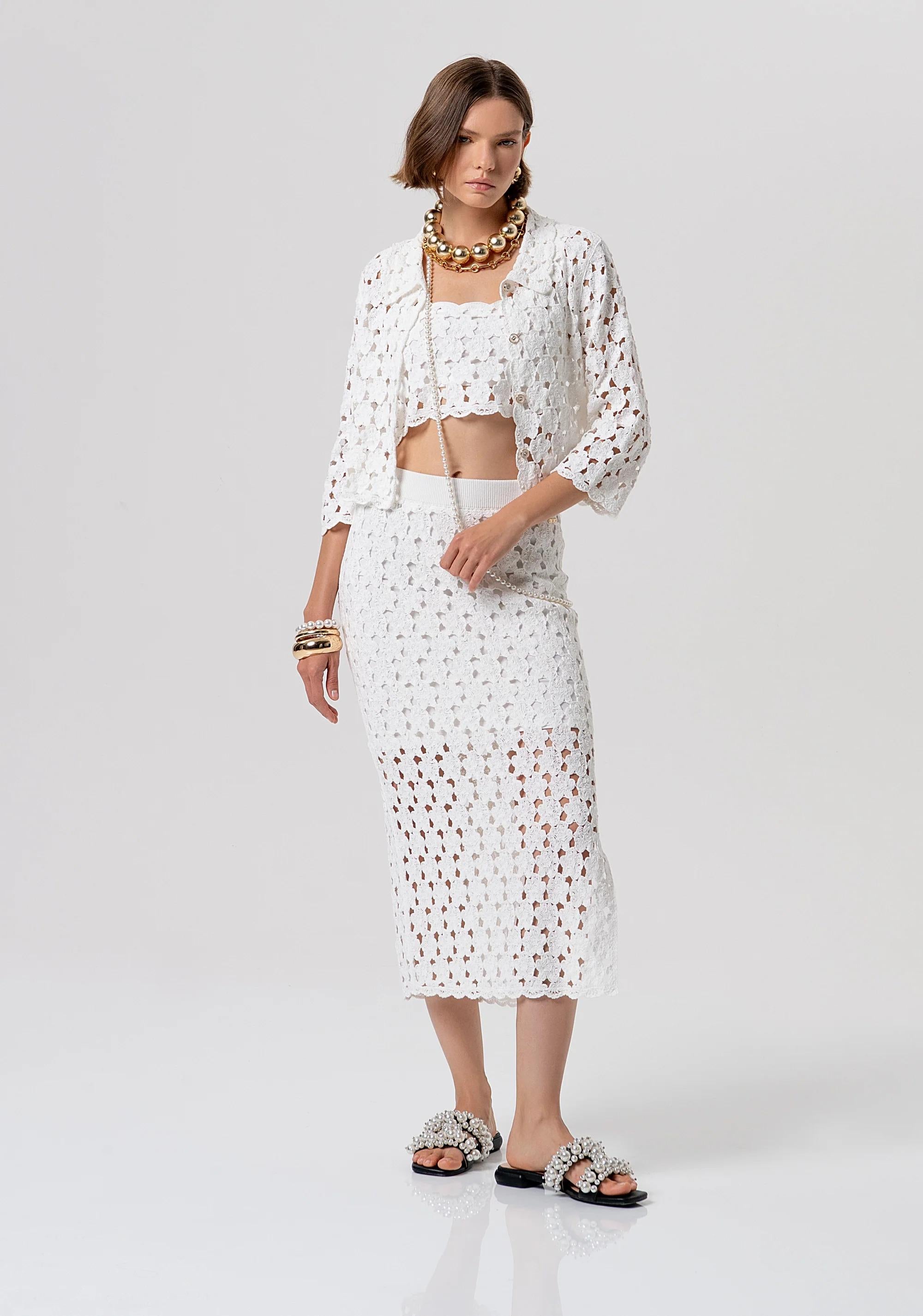 Cardigan regular in pizzo cream FR26ST8018K488R6 108 FRACOMINA 