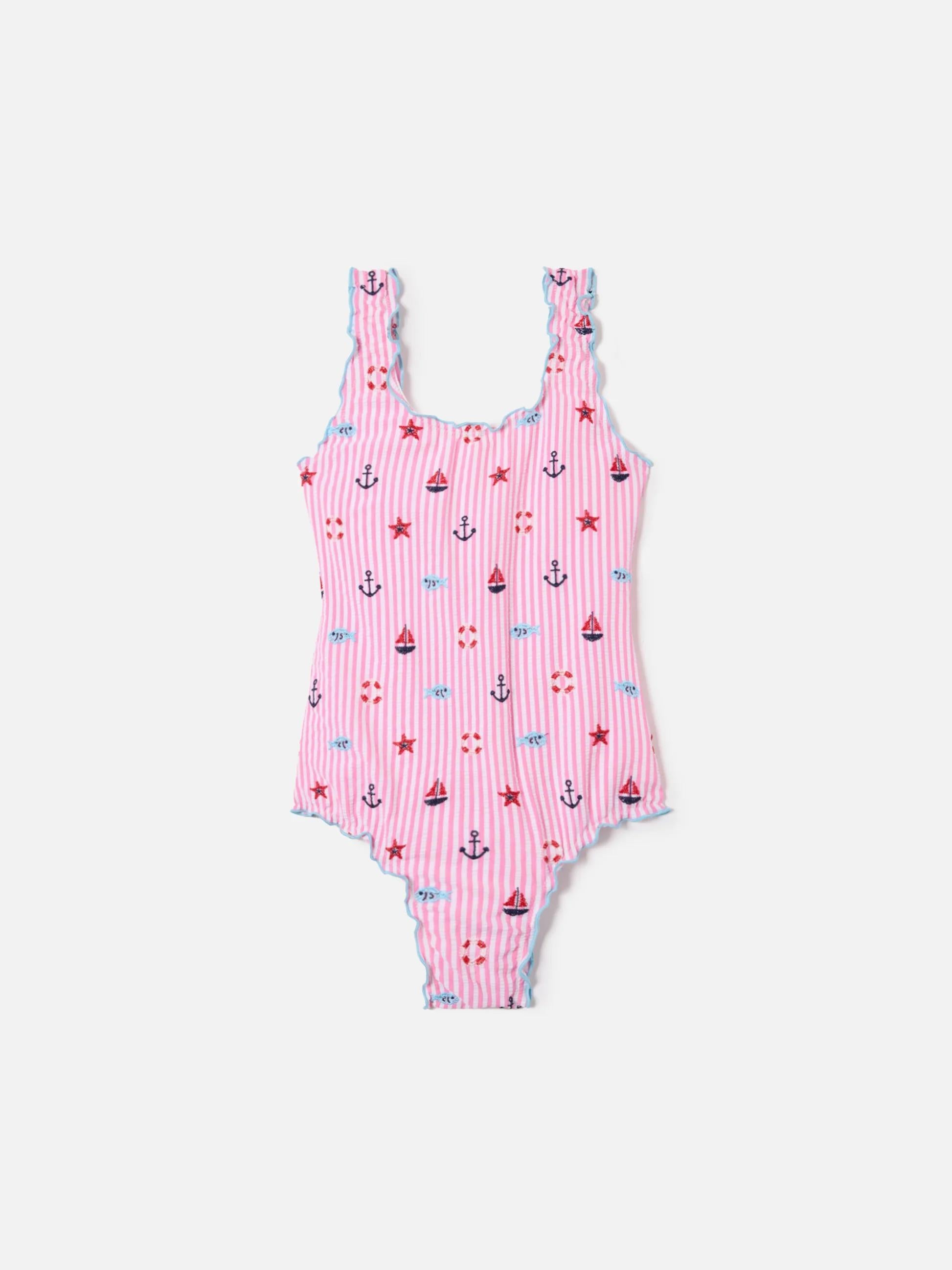 Costume intero Clio in seersucker ricamato a righe rosa CLIO001 03063L MC2 SAINT BARTH 