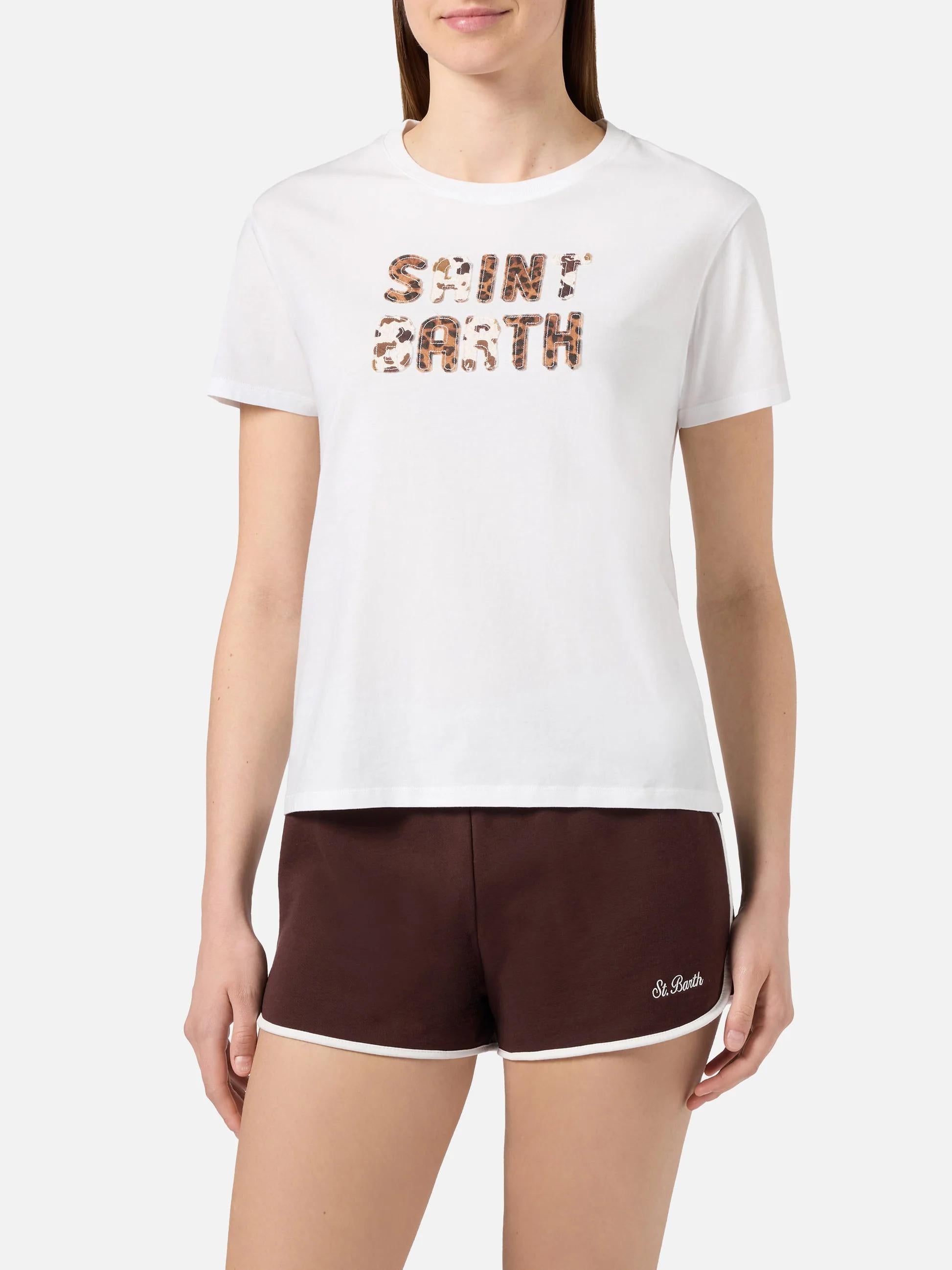 T-shirt Emilie bianca con patch logo animalier ricamata EMI0001 00298L MC2 SAINT BARTH 