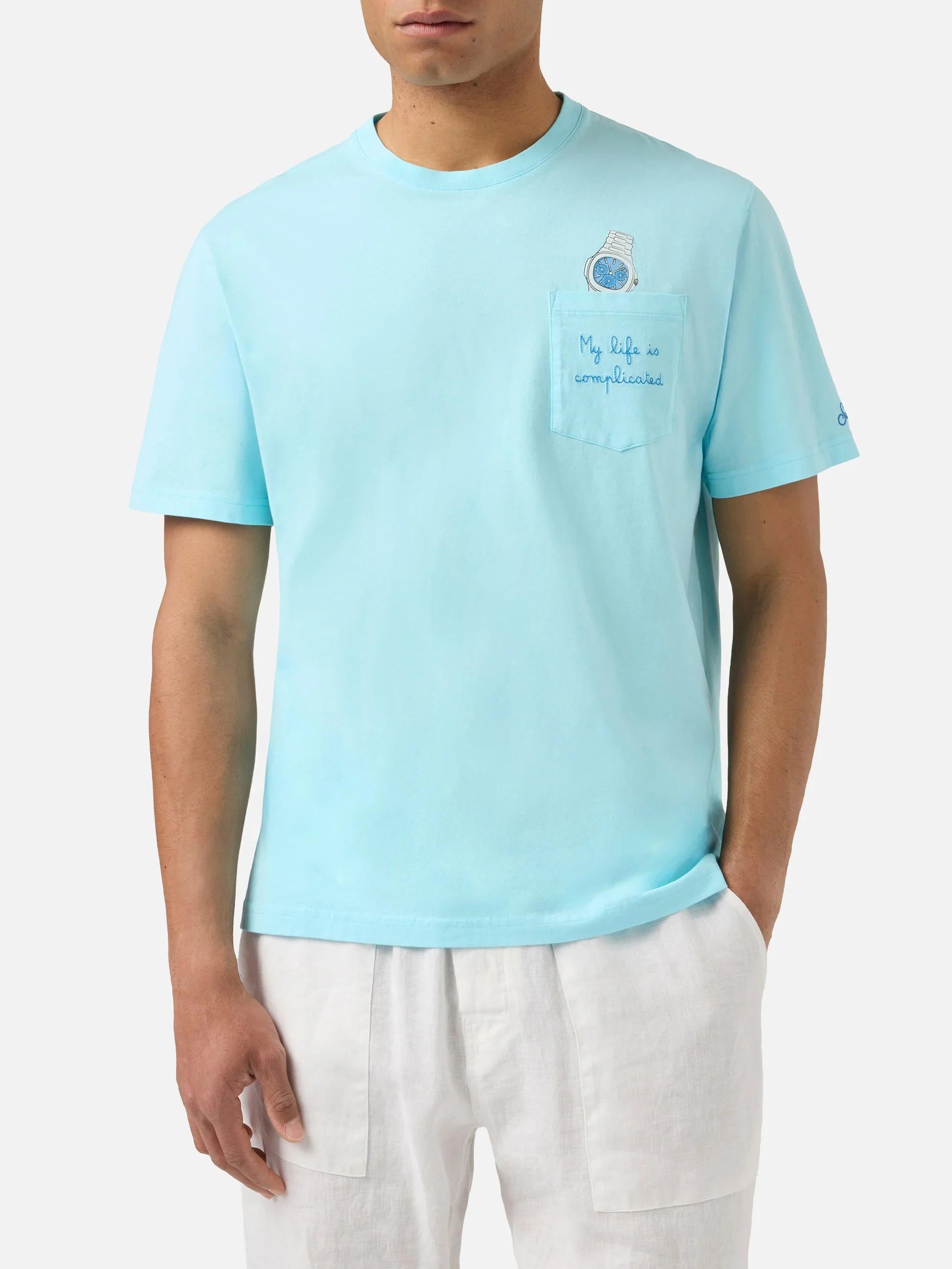 T-shirt Austin azzurra con orologio e ricamo My Life Is Complicated AUS0001 04347L MC2 SAINT BARTH 