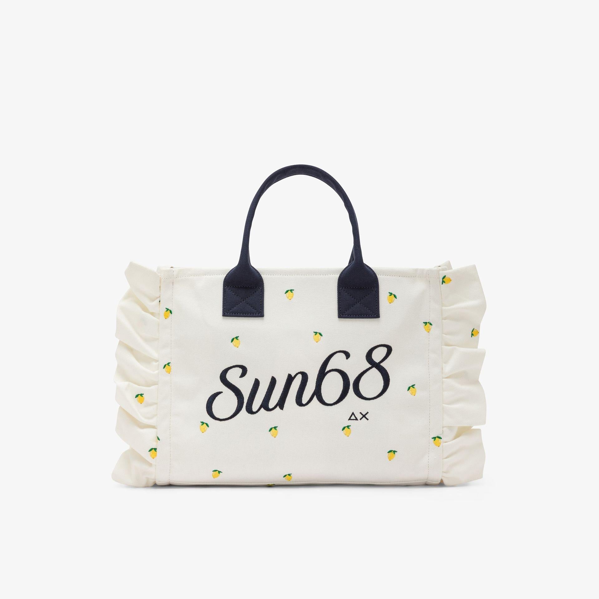 Shopping bag Cali in tela di cotone con ricami bianco panna/blu navy W36225 3107 SUN 68 