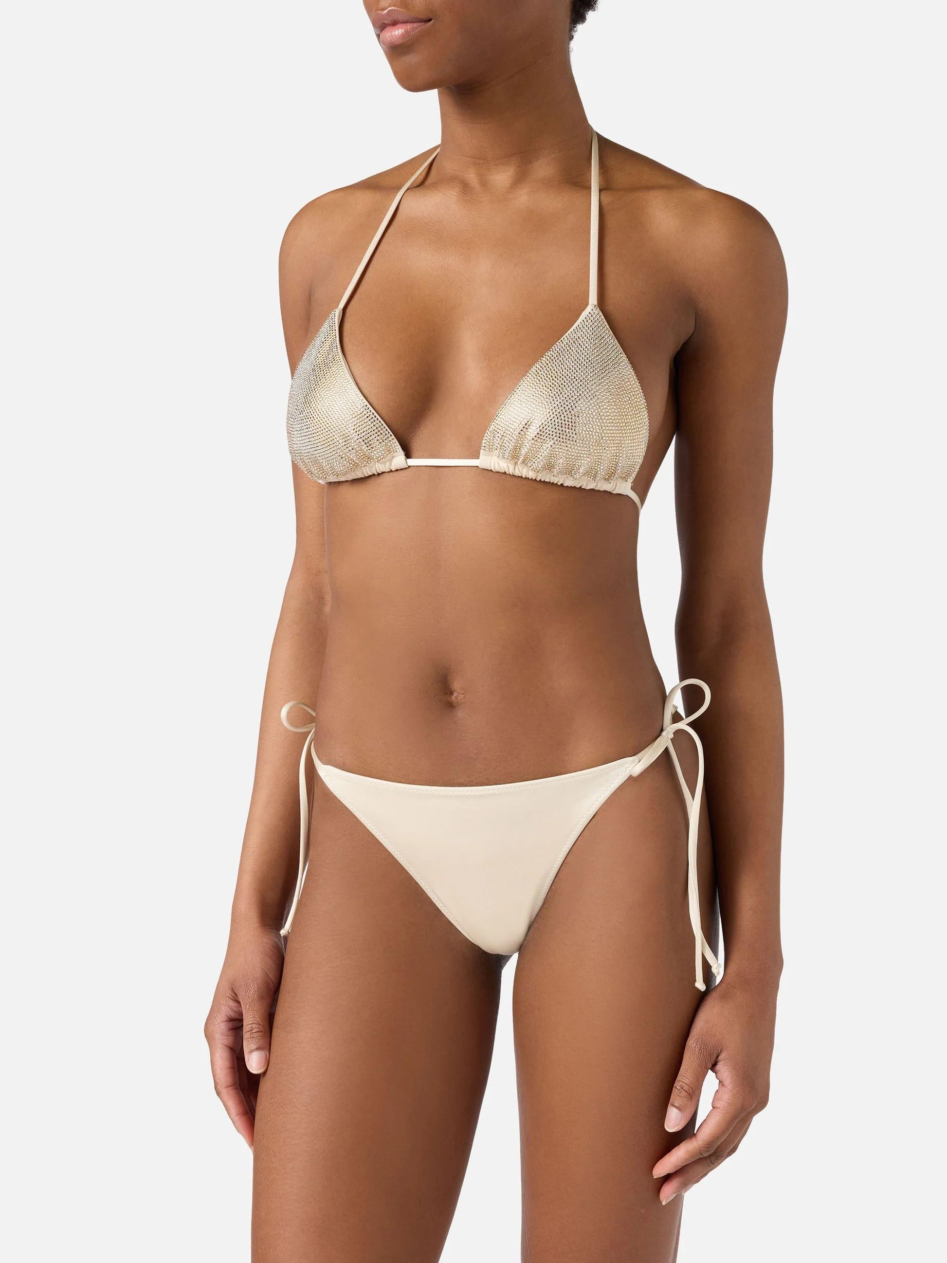 Bikini Maleah triangolo in tessuto glossy finish oro con applicazioni strass MALE002 00237L MC2 SAINT BARTH 