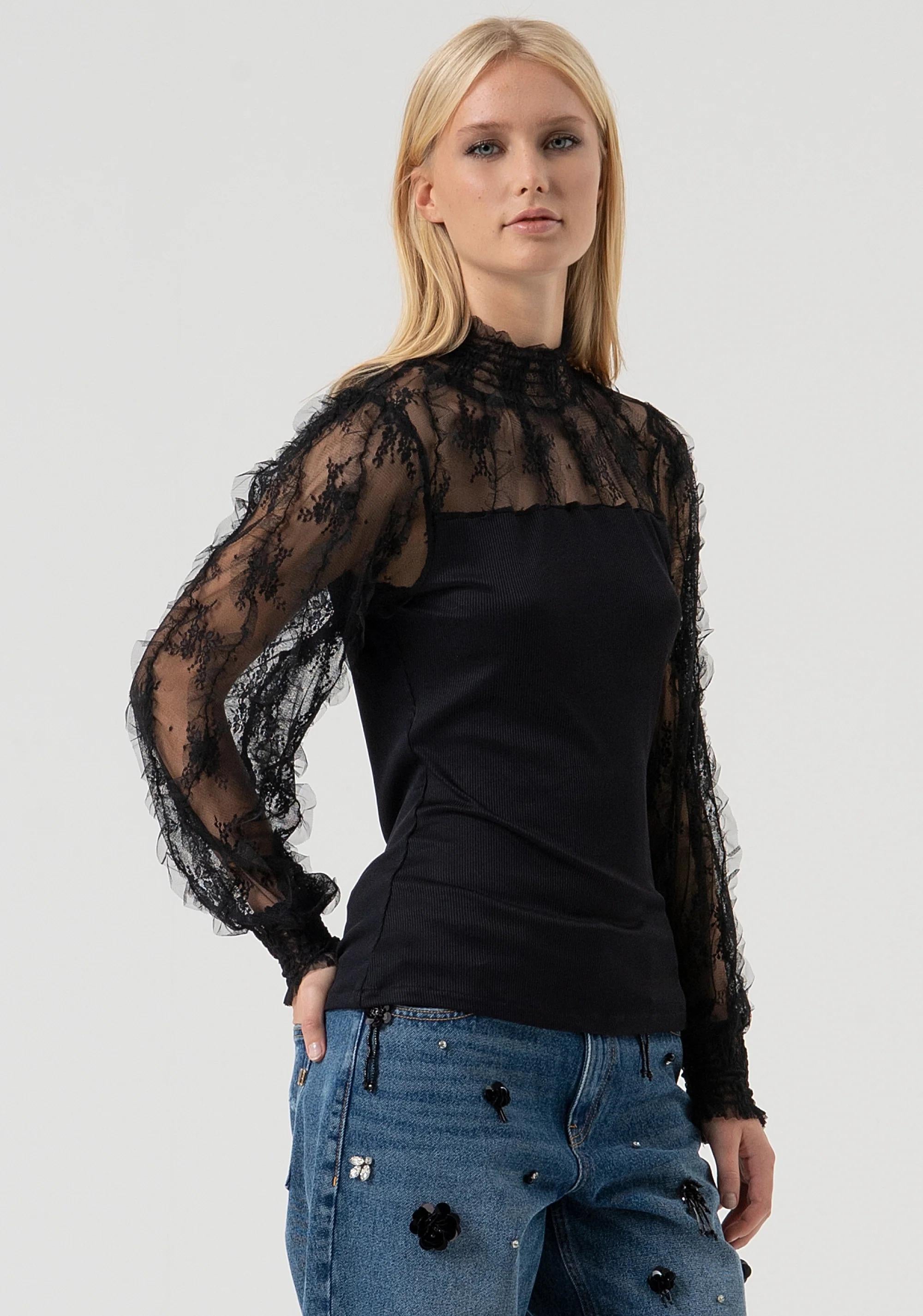 Fracomina Blusa slim con inserti in pizzo black FR25WT1001J463G1 053 FRACOMINA 