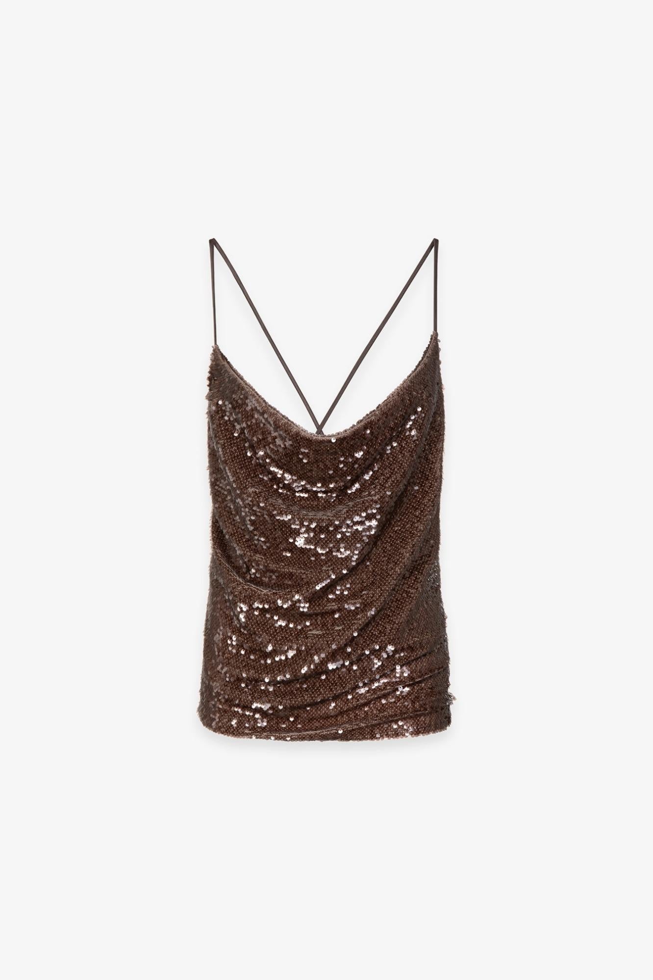 Top A Bretelline Con Scollo A Cappuccio In Tessuto Paillettes  Moka - Gaëlle Paris GAABW09868-TMTP0032 MA63 GAELLE 