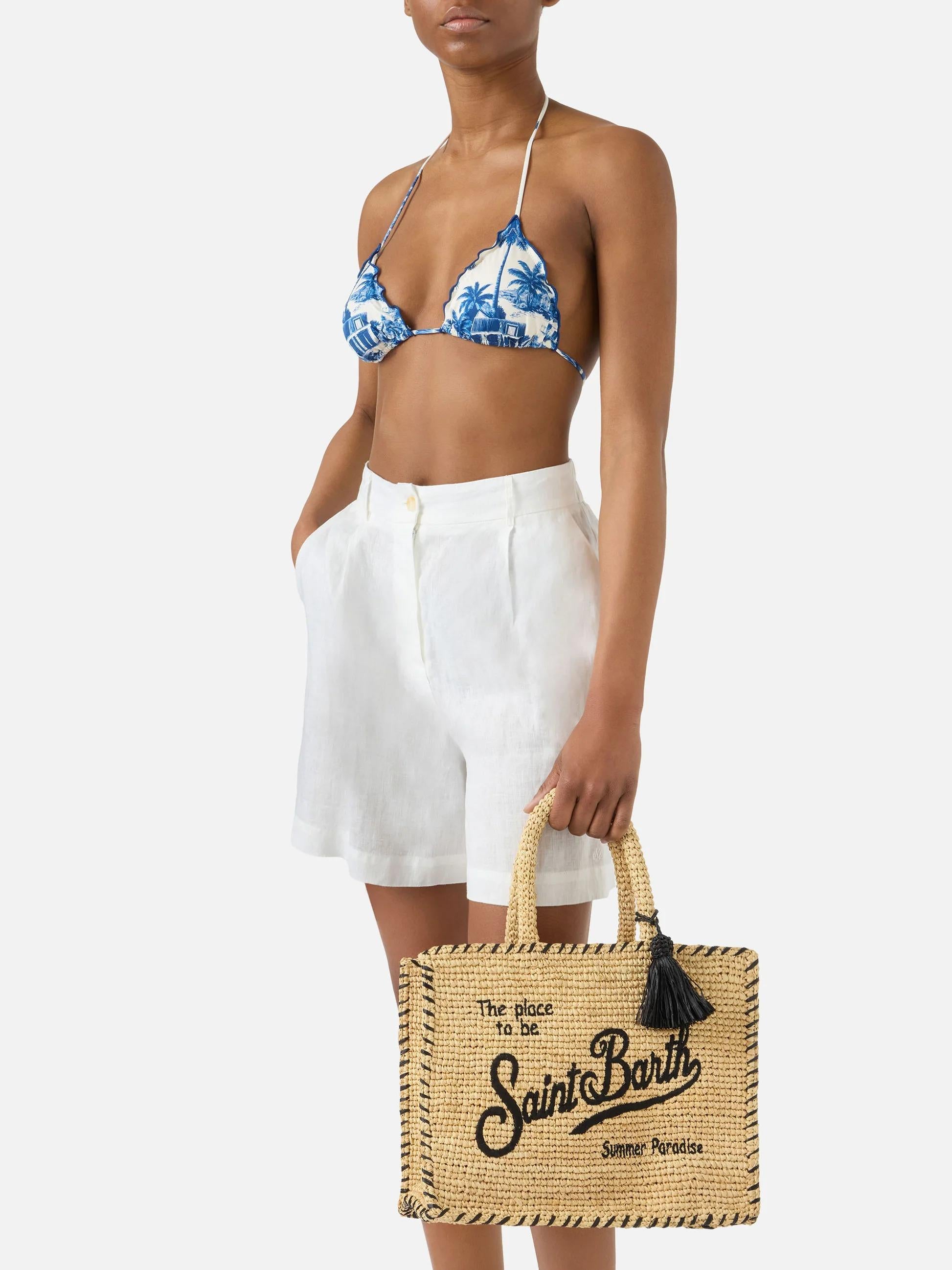 Borsa Colette in raffia beige con logo ricamato nero e nappetta COL0013 09045L MC2 SAINT BARTH 