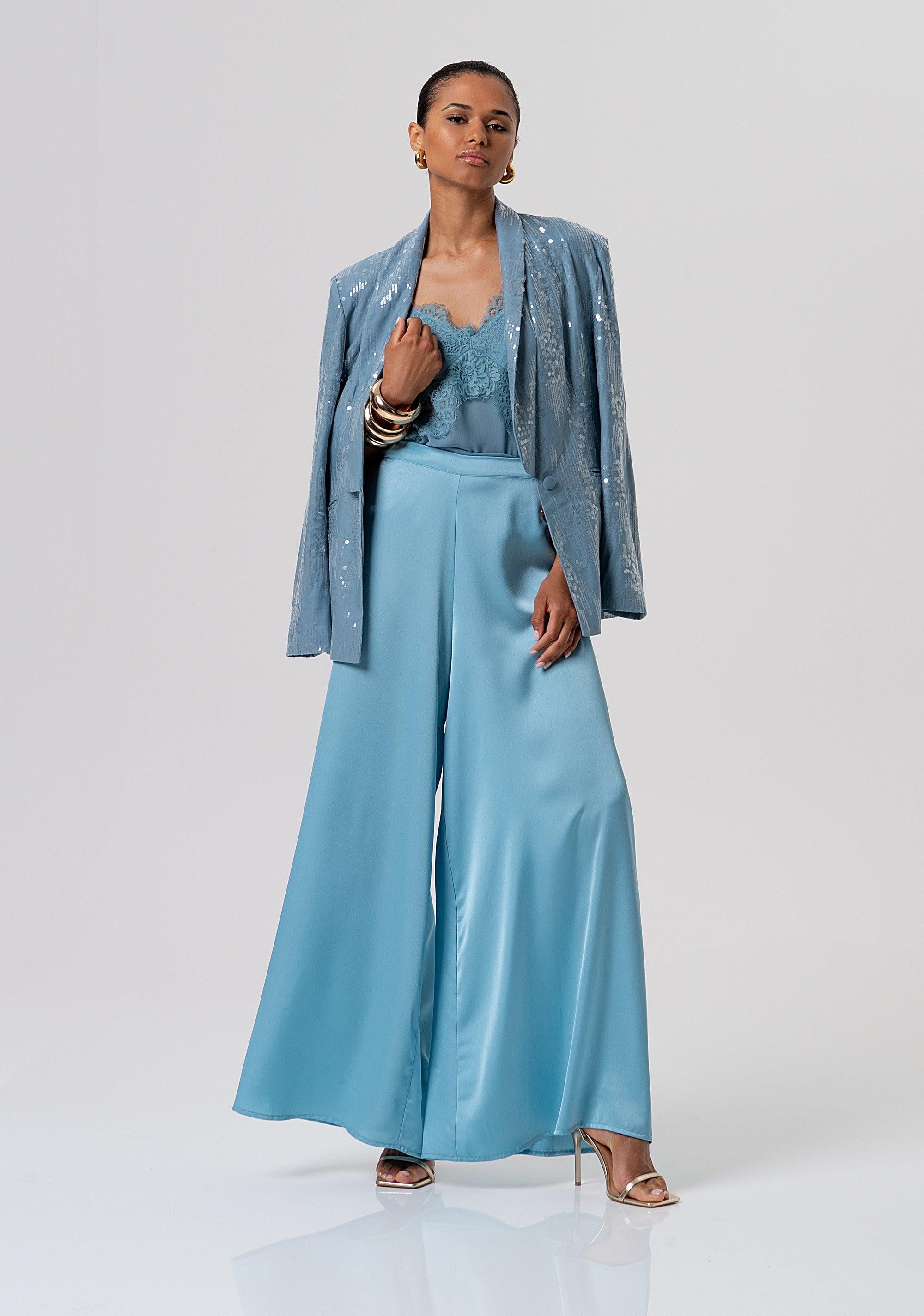 Pantalone flare a palazzo in raso dustyblue FQ26SV3010W41101 C33 FRACOMINA 