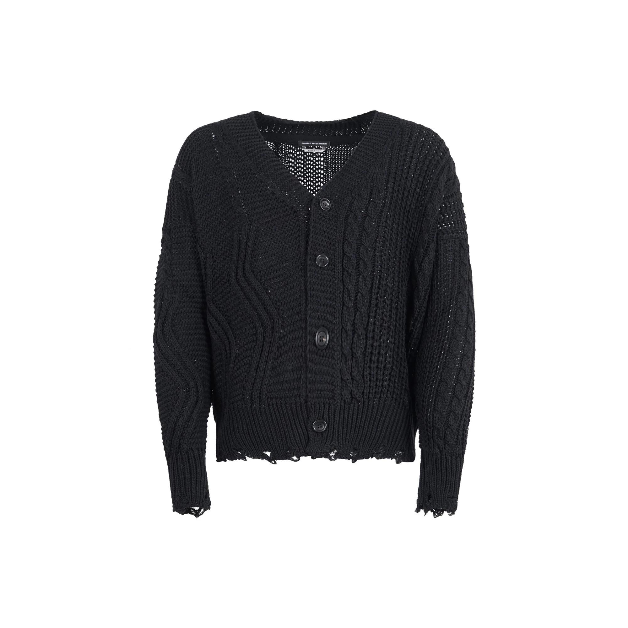 Daniele Alessandrini Cardigan nero con lavorazione e fondo sfilacciato nero DA1FW26M146 101 DANIELE ALESSANDRINI 